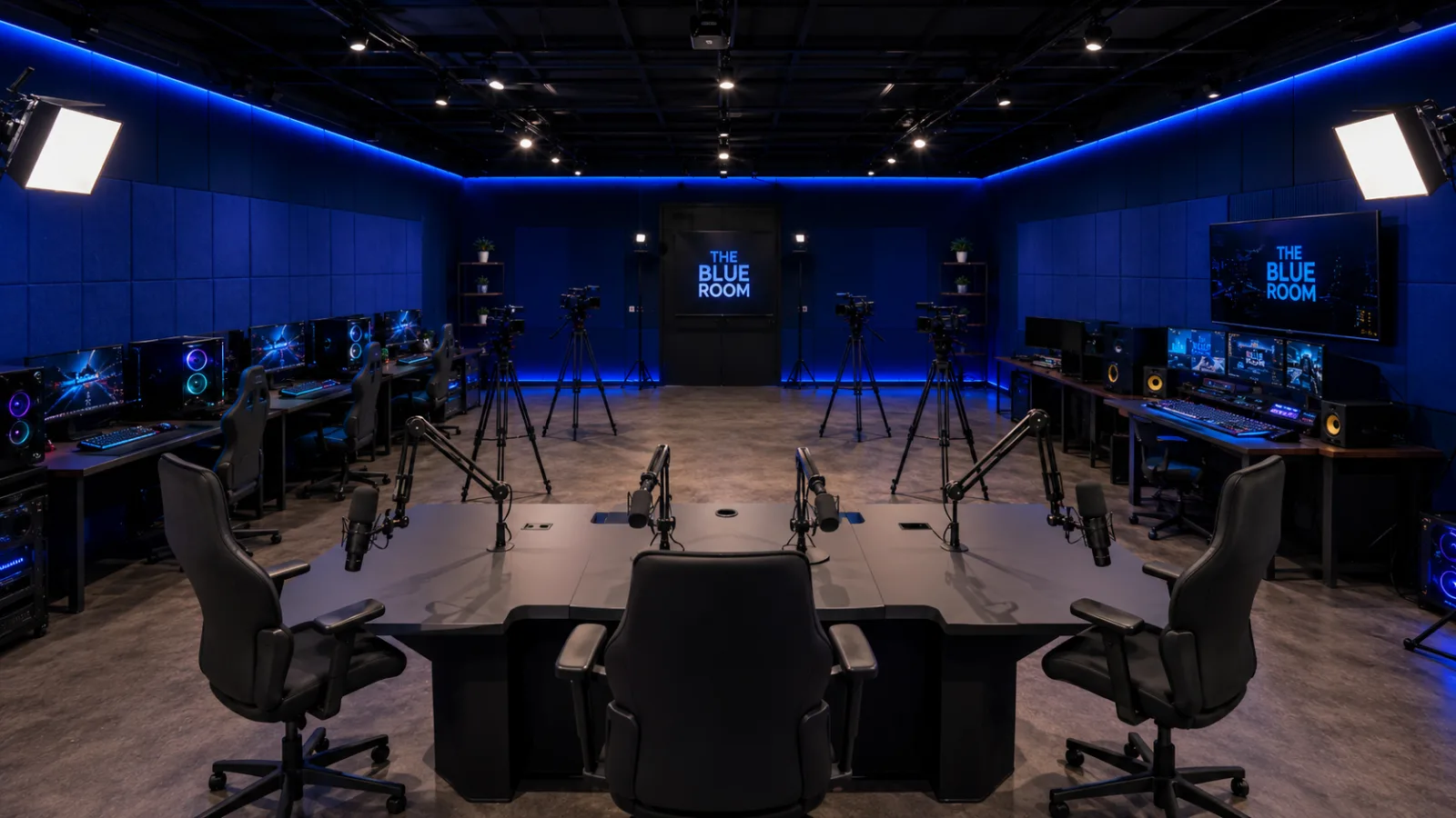 Blue Room : vue frontale du plateau avec éclairage bleu signature