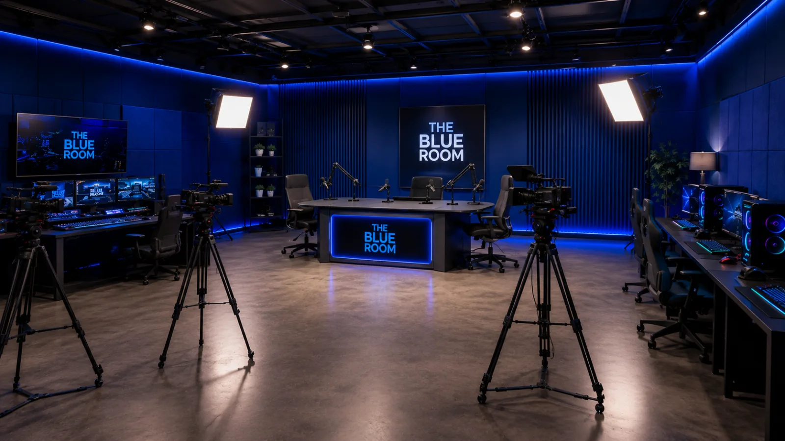 Blue Room : plateau avec postes de streaming et régie sur les côtés