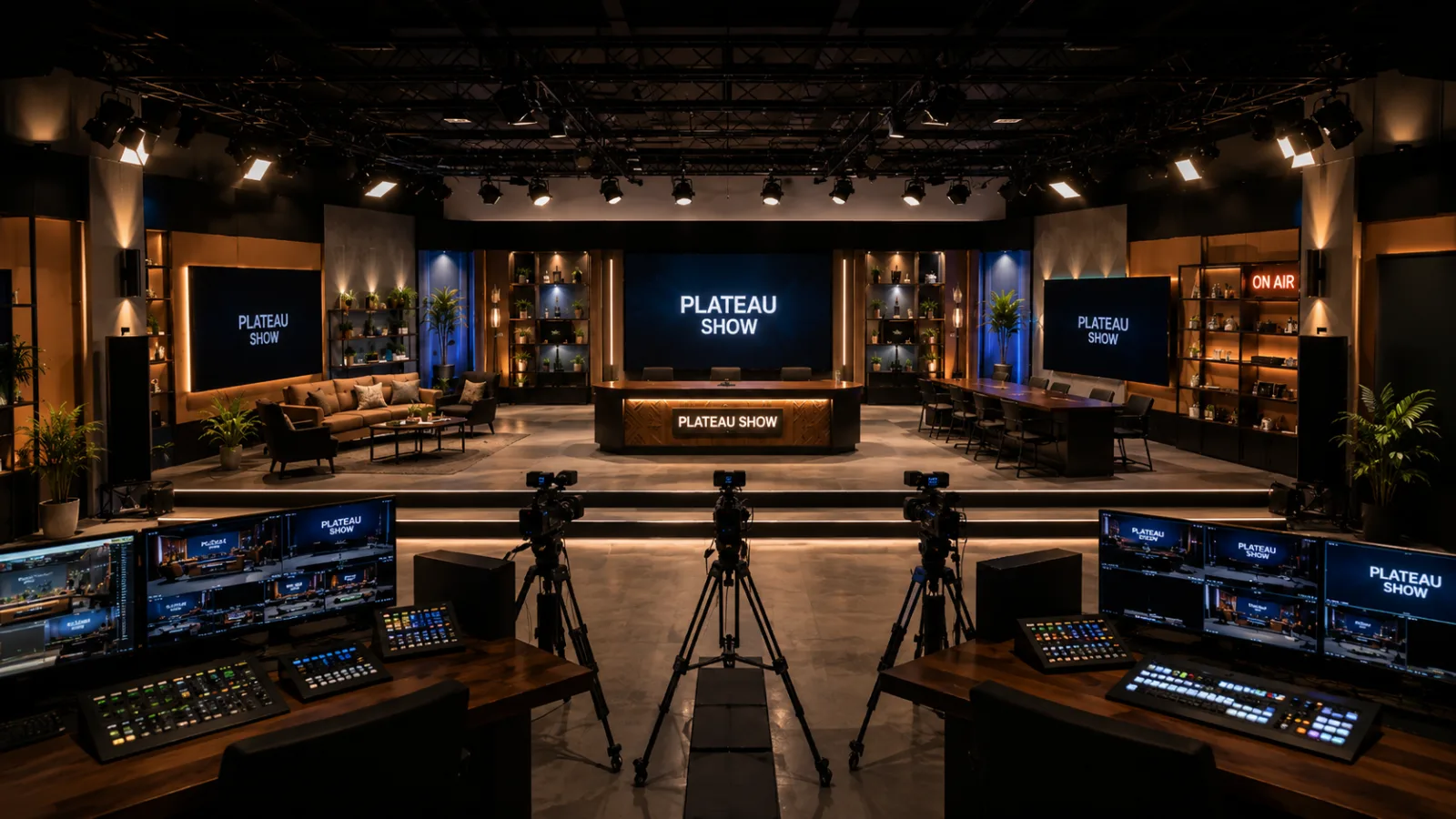 Plateau Show : vue d'ensemble du plateau avec écrans intégrés et signalétique on air